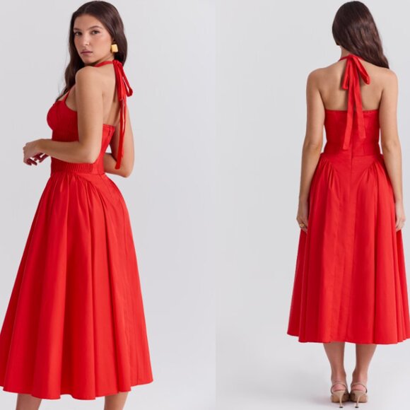 HOUSE OF CB 'Adabella' Italian Tomato Cotton Halter Sundress NWOT - Picture 3 of 5